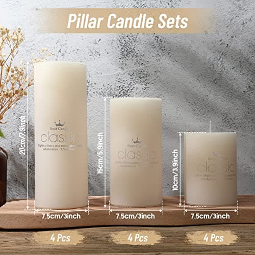 Sumind Ivory Pillar Candles 3"x4", 6", 8" Dripless Unscented Home Decor