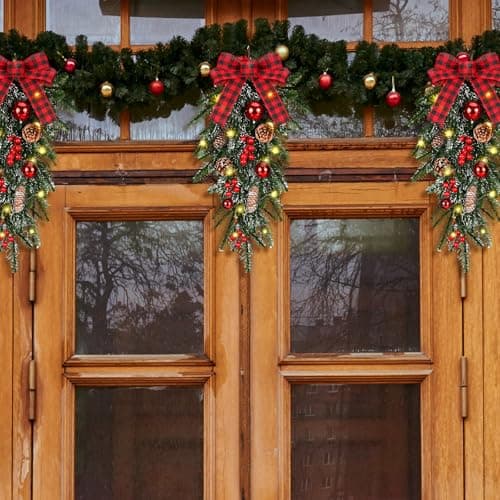 Warm Lighted 3PC Christmas Teardrop Swag Wreath for Door and Indoor/Outdoor Home Decor