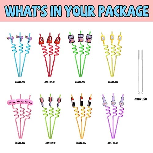 Reusable Pink Plastic Straws for Kids Spa Birthday Party Favors with Cleaning Brushes