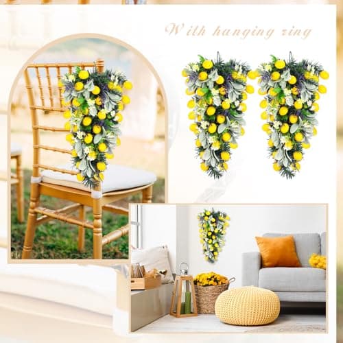 Zeyune 24 Inch Artificial Lemon Teardrop Wreath with Flowers for Front Door Decor