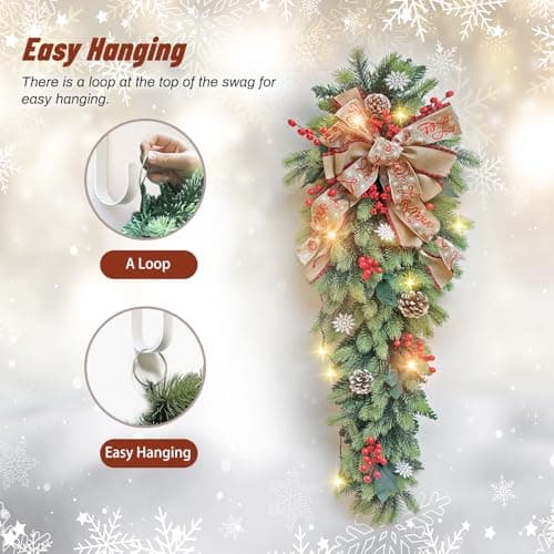36 Inch Natural Pine Teardrop Swag Wreath for Holiday Décor