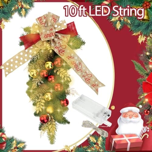 Red & Gold LED Christmas Wreath & Garland Teardrop Swag Outdoor Decor