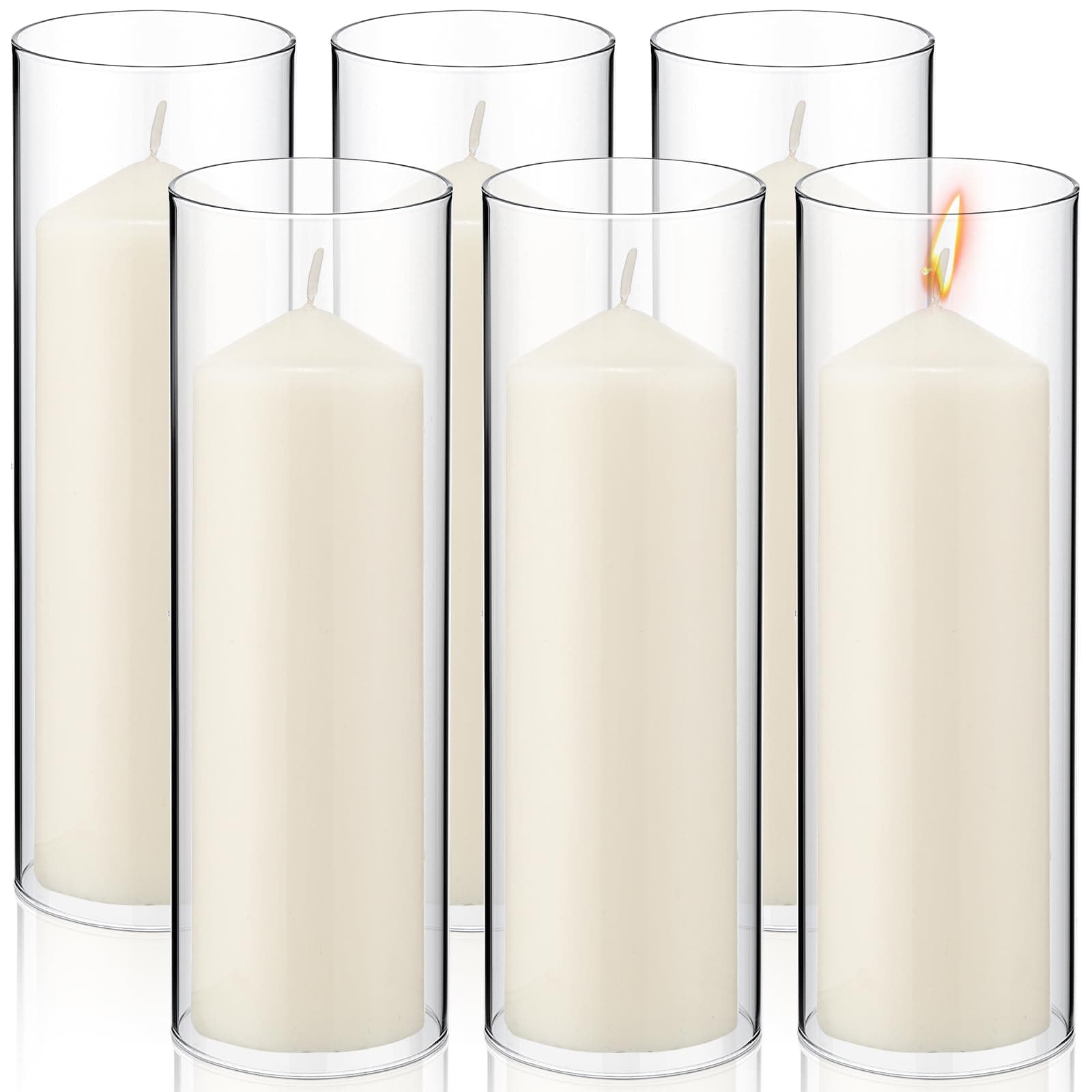 Yaomiao 6 Set Clear Glass Hurricane Candle Holders with Unscented Pillars (2.5 x 8 Inch)