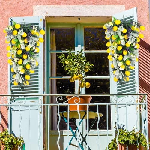 Zeyune 24 Inch Artificial Lemon Teardrop Wreath with Flowers for Front Door Decor