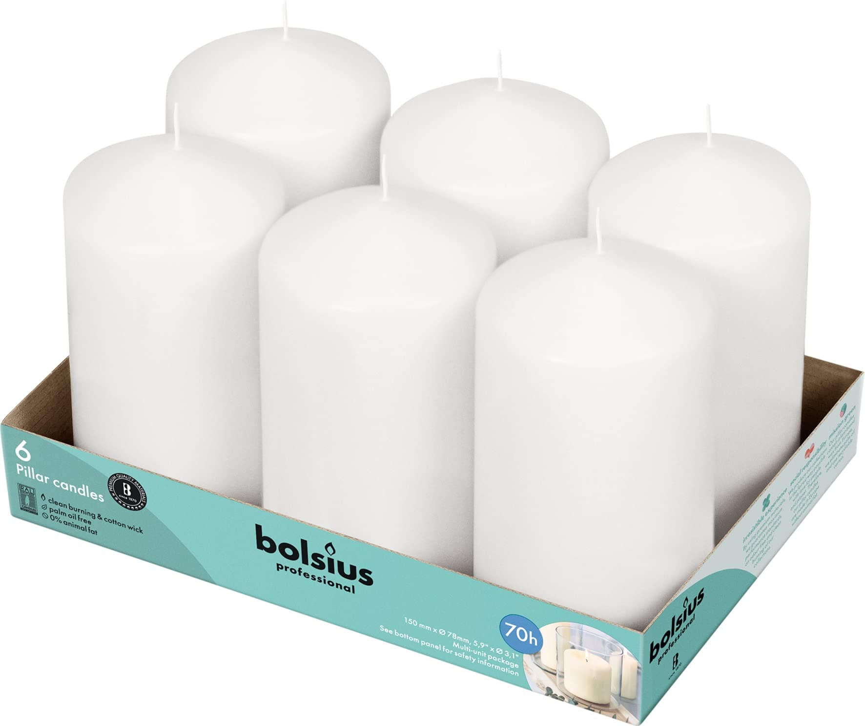 BOLSIUS 6 White Pillar Candles - 3x6 Inches, 70+ Hours Burn Time