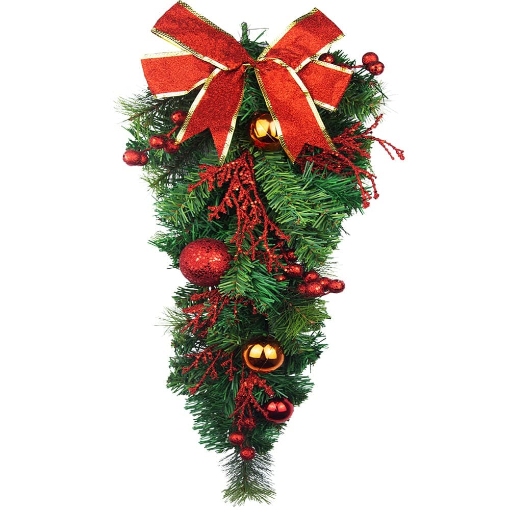 Artificial Christmas Teardrop Swag with Pine Cones and Bow for Indoor/Outdoor Home Hanging