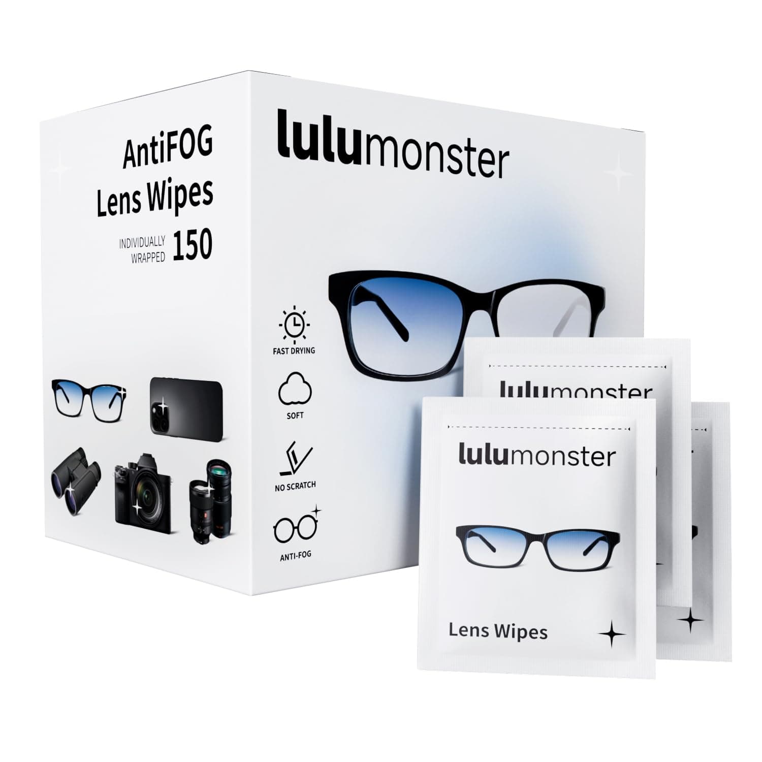 Lulumonster Anti-Fog Lens Wipes [150 Non-Scratching, Pre-Moistened Wipes]