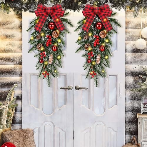 Warm Lighted 3PC Christmas Teardrop Swag Wreath for Door and Indoor/Outdoor Home Decor