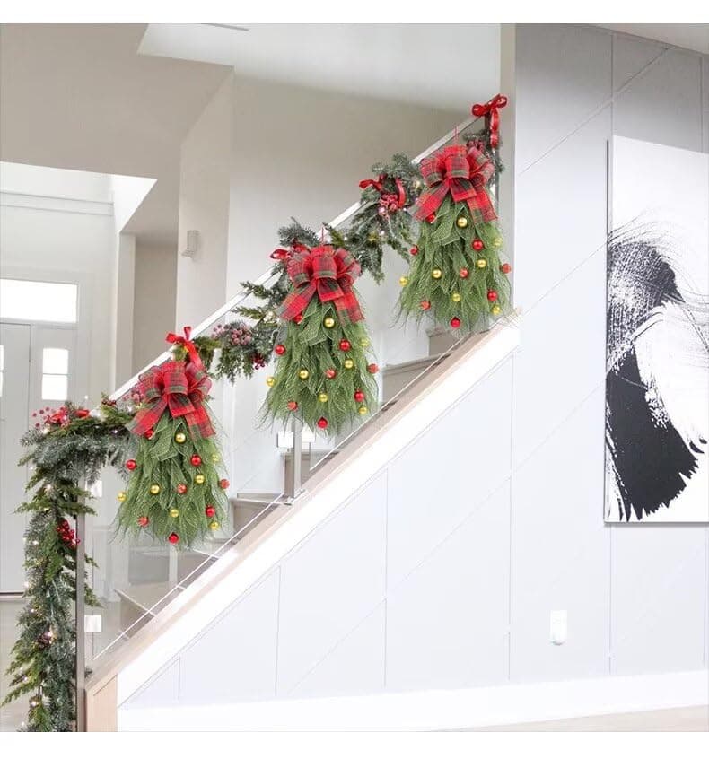 2Pcs Red Bow Christmas Teardrop Swag Garland, DIY Holiday Wall Decor