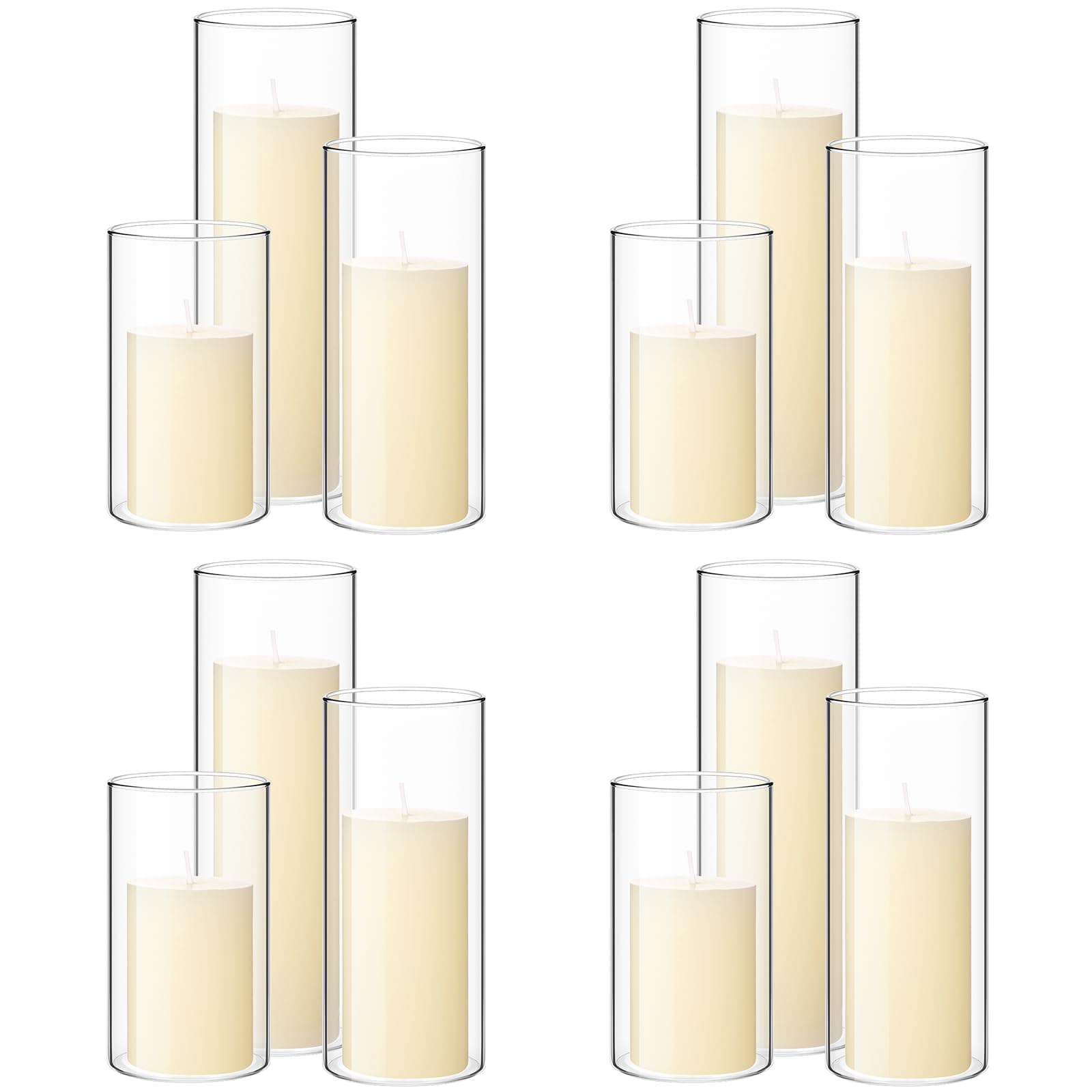 Shihanee Set of 12 Pillar Candles and Glass Cylinder Vases for Wedding Centerpieces (Ivory White, 4.7 in, 5.9 in, 7.9 in)