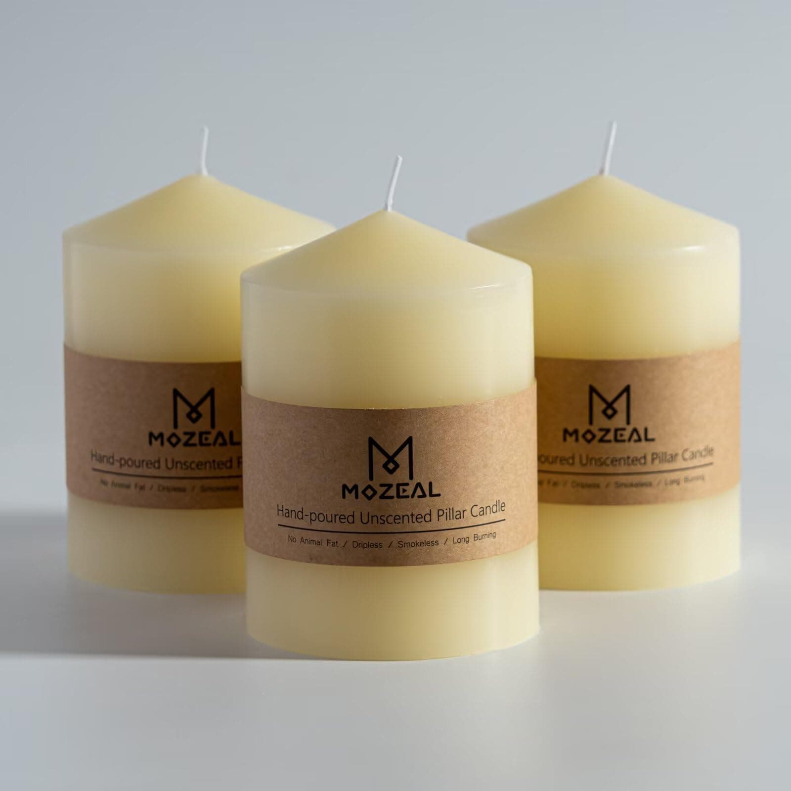 MOZEAL 3" Unscented Ivory Pillar Candles, Set of 3, Smokeless, 60hr Burn Time