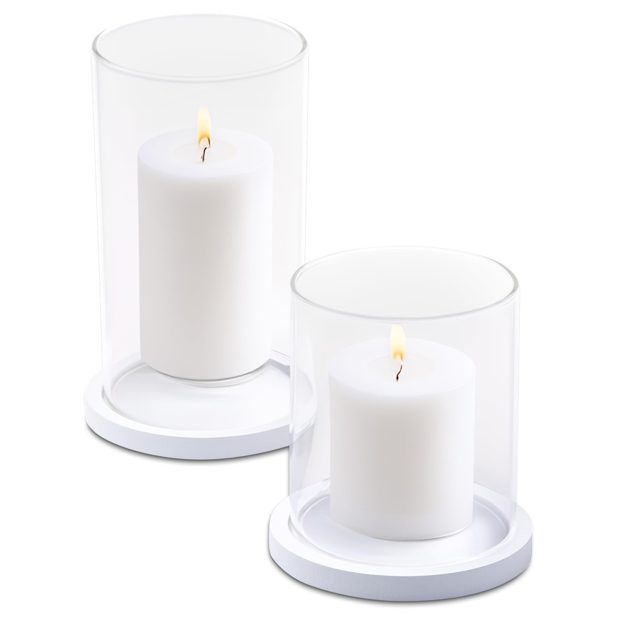 Tall Glass Hurricane Candles Holders with Wood Base - Wedding Centrepieces - Set of 2 (White)