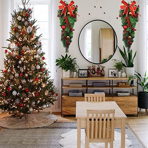 Artificial Christmas Teardrop Swag with Pine Cones and Bow for Indoor/Outdoor Home Hanging
