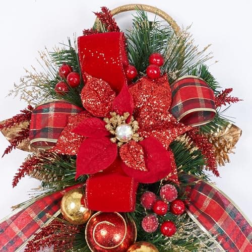 25" Handcrafted Red Poinsettia Swag with Glitter, Faux Florals & Plaid Ribbon