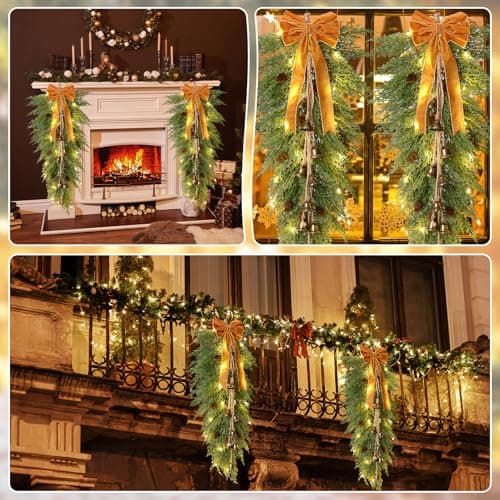 36 Christmas Pine Teardrop Swag with Lights, Bells, and Faux Pine Cones - Rustic Home Decor (2 Pack)
