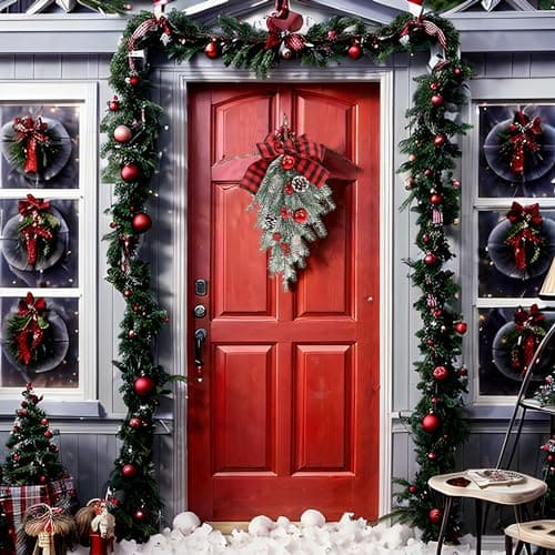 Red Bow Teardrop Ornament Winter Swag for Outdoor Front Door Decor