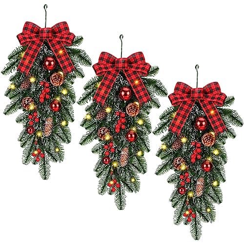 Warm Lighted 3PC Christmas Teardrop Swag Wreath for Door and Indoor/Outdoor Home Decor