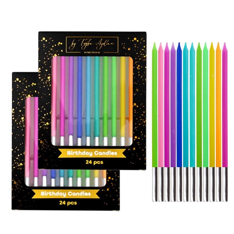 Birthday Candles - 24 Count Long Thin Rainbow Candles for Cake, Metallic Cake Candle for Birthday, Party