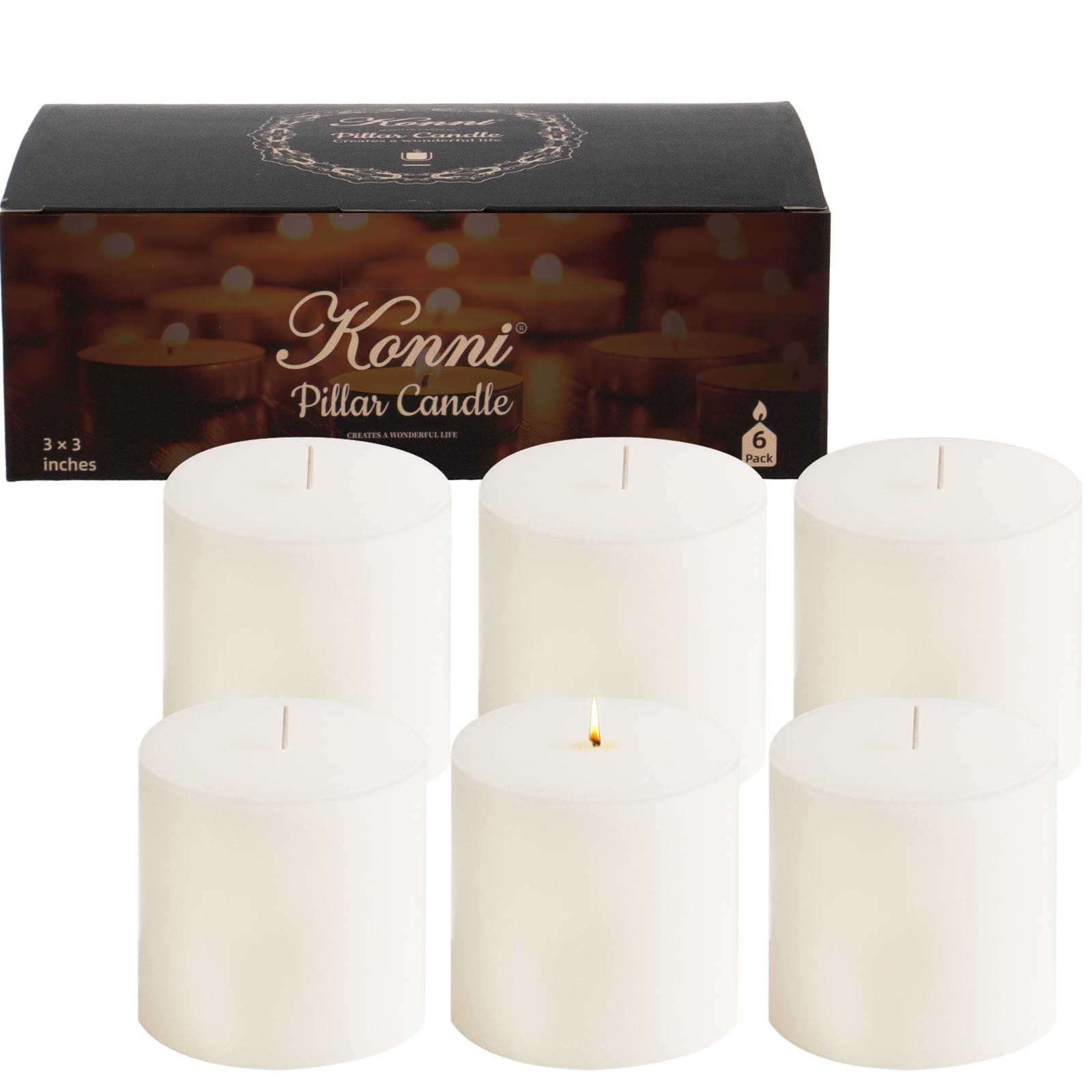 KONNI White Pillar Candles Set of 6, 3"x3" Long BurningBulk