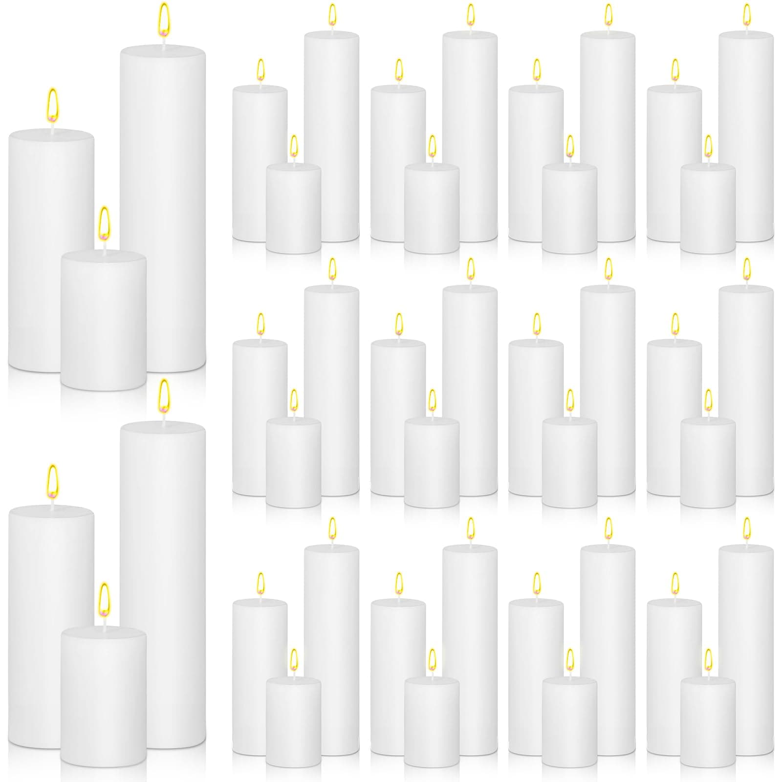 48 Pack of 3 Pillar Candles - Assorted Sizes for Wedding, Home Decor, and More