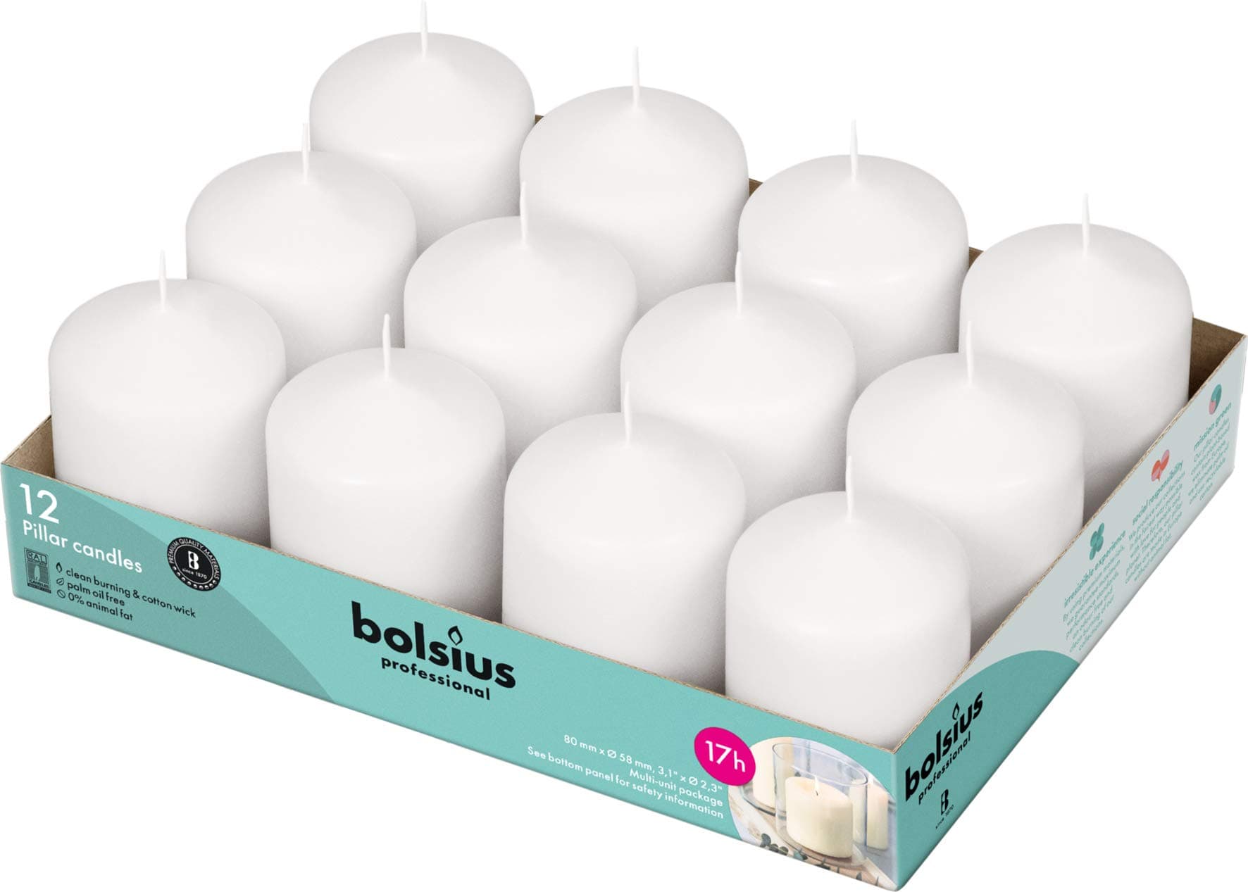 BOLSIUS 12 White Pillar Candles - 17 Hours Burn Time - Premium European Quality - Wedding, Party & More