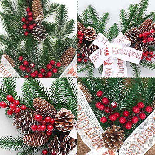 Pine Needle Door Wreath with Red Fruit, 22in Christmas Swag Decoration