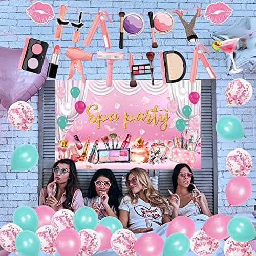 Spa Birthday Party Supplies for Girls: Cake Toppers, Balloons, Backdrop, Tablecloth, Banner