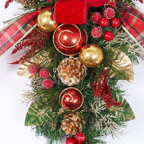 25" Handcrafted Red Poinsettia Swag with Glitter, Faux Florals & Plaid Ribbon
