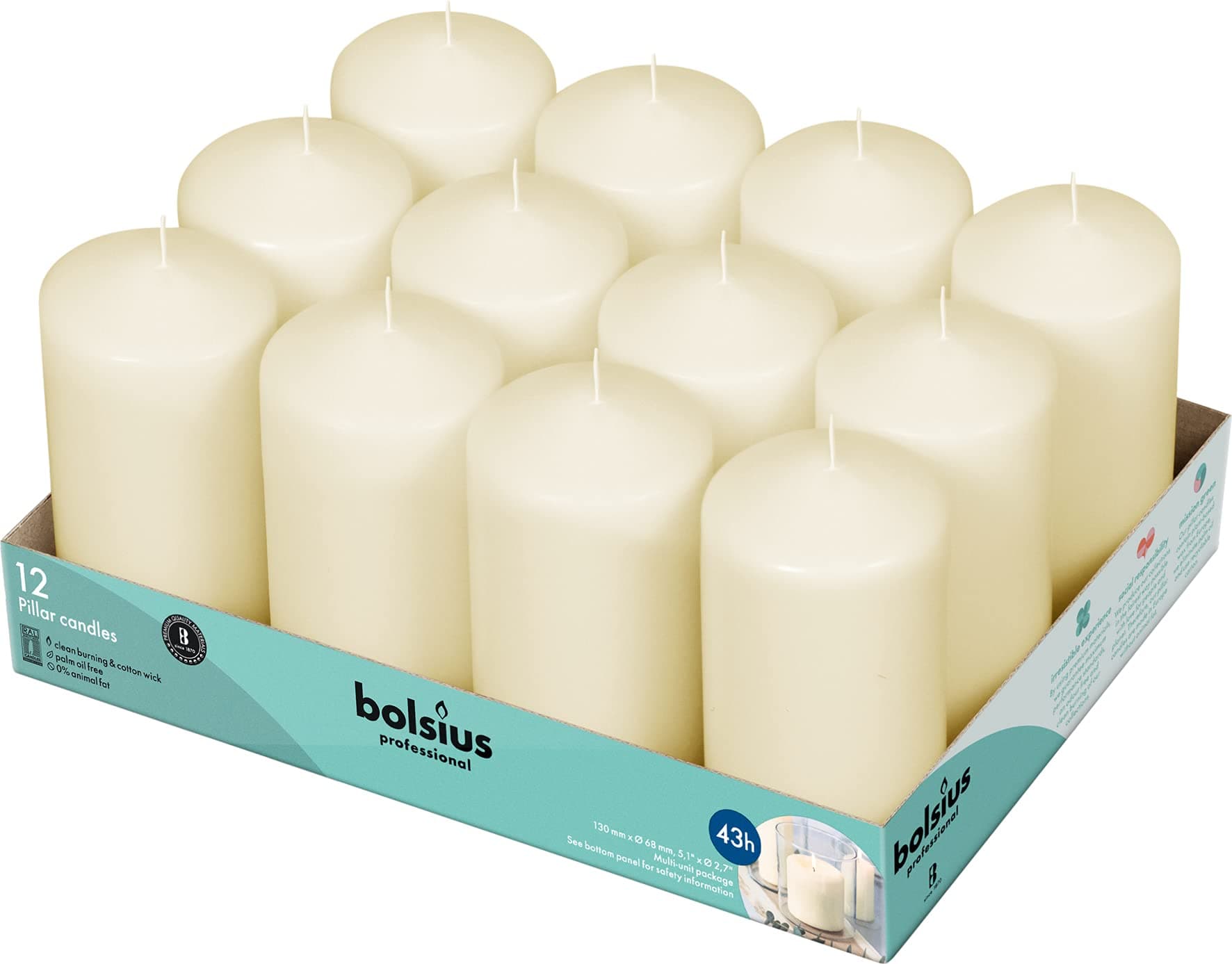 BOLSIUS 12 Unscented Ivory Pillar Candles - 43-Hour Dripless, Clean Burning for Weddings, Parties, and Special Occasions