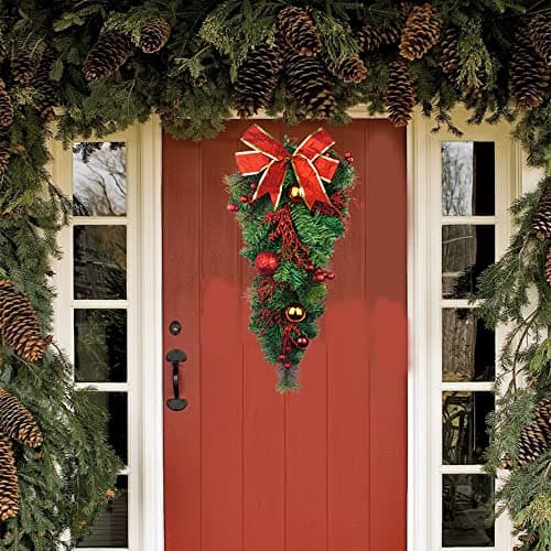 Artificial Christmas Teardrop Swag with Pine Cones and Bow for Indoor/Outdoor Home Hanging