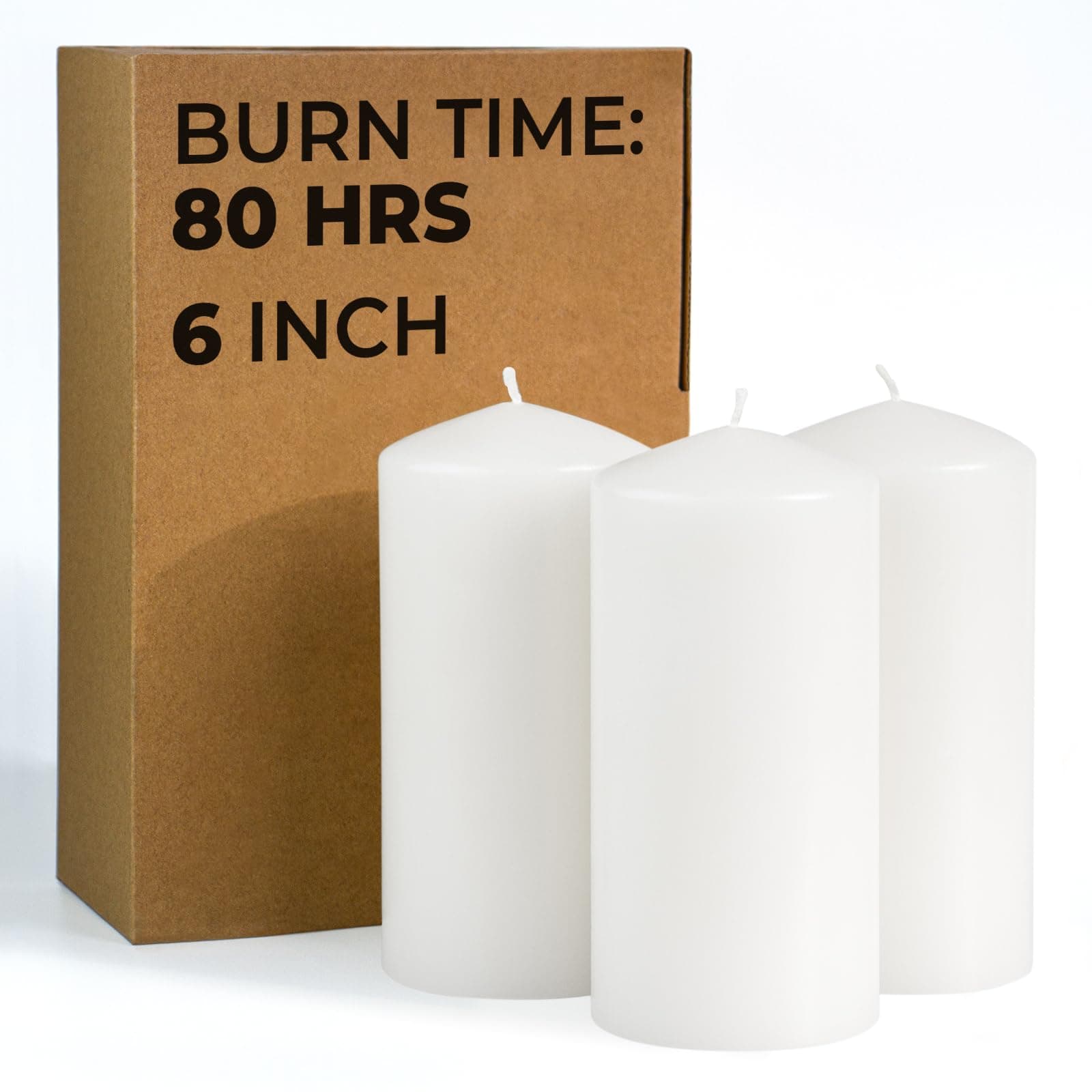 CANDWAX 3-Pack 6" White Pillar Candles - Long Burning Unscented