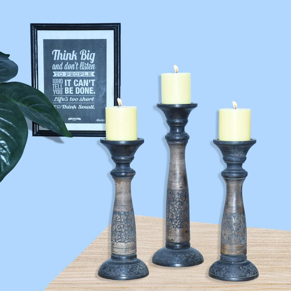 Handmade Mango Wood Eco-Friendly Traditional Black Wash Candle Holders (12", 15", 12")