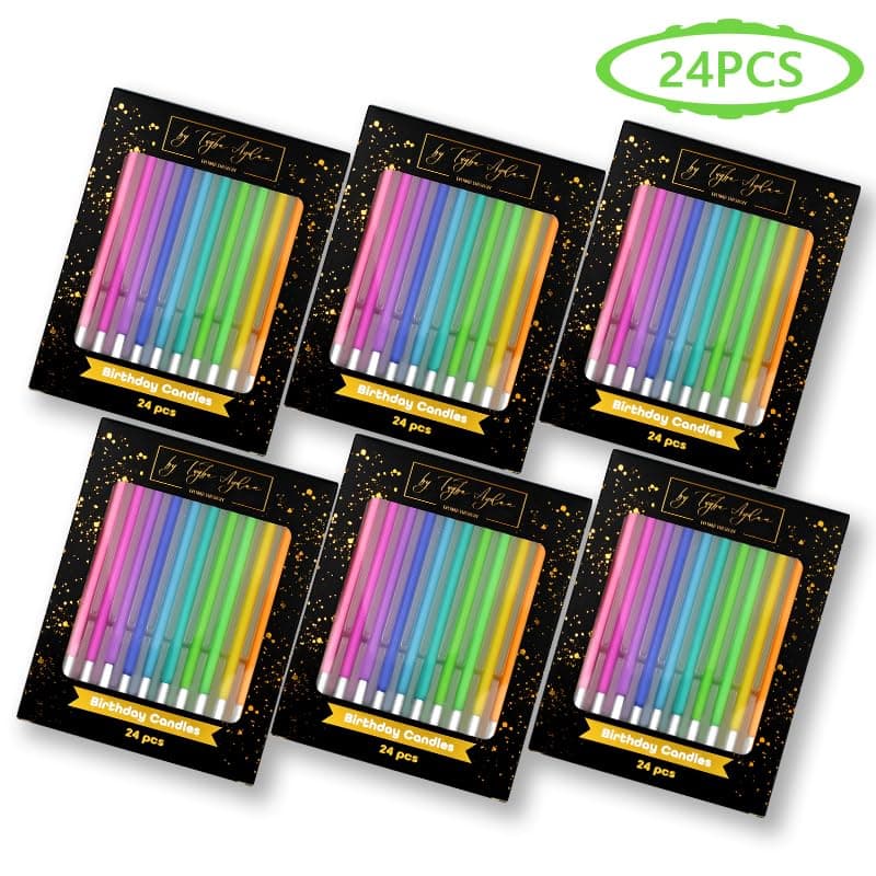 Birthday Candles - 24 Count Long Thin Rainbow Candles for Cake, Metallic Cake Candle for Birthday, Party