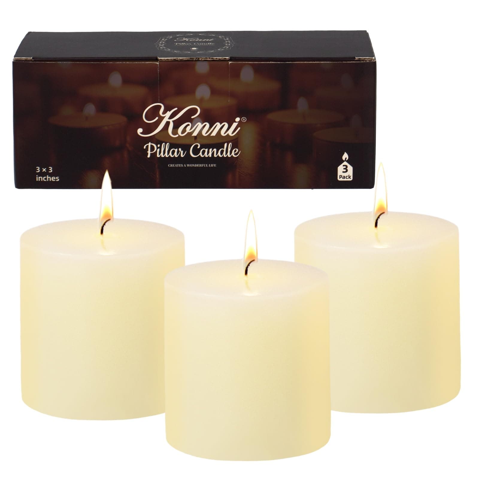 KONNI Ivory Pillar Candles Set of 3, 30-Hour Long-Burning Smokeless&Dripless