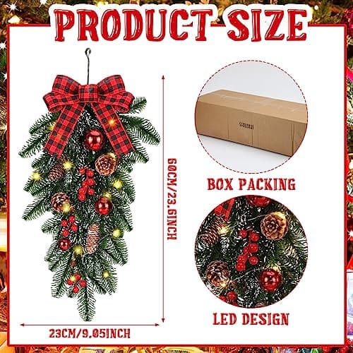 Warm Lighted 3PC Christmas Teardrop Swag Wreath for Door and Indoor/Outdoor Home Decor