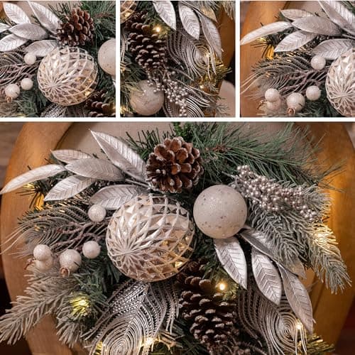 Stunning 24 Inch Silver White Pre-Lit Teardrop Swag with 20 LED Lights for Outdoor Xmas Decorating