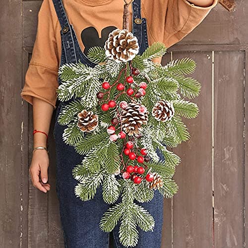 Pine Needle Door Wreath with Red Fruit, 22in Christmas Swag Decoration