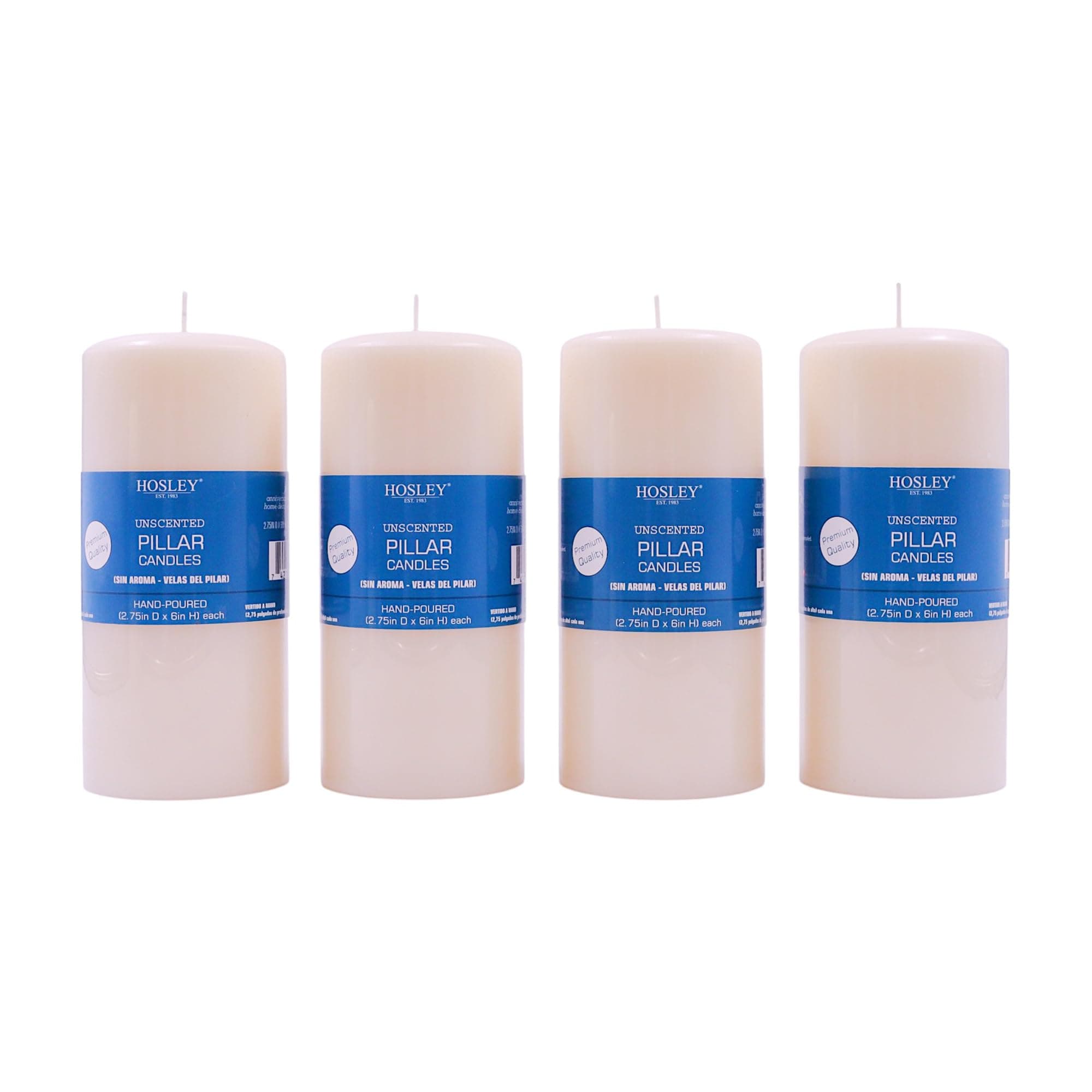 Hosley Ivory Unscented 6" Pillar Candle Set of 4, Long-Burning Hand-Poured