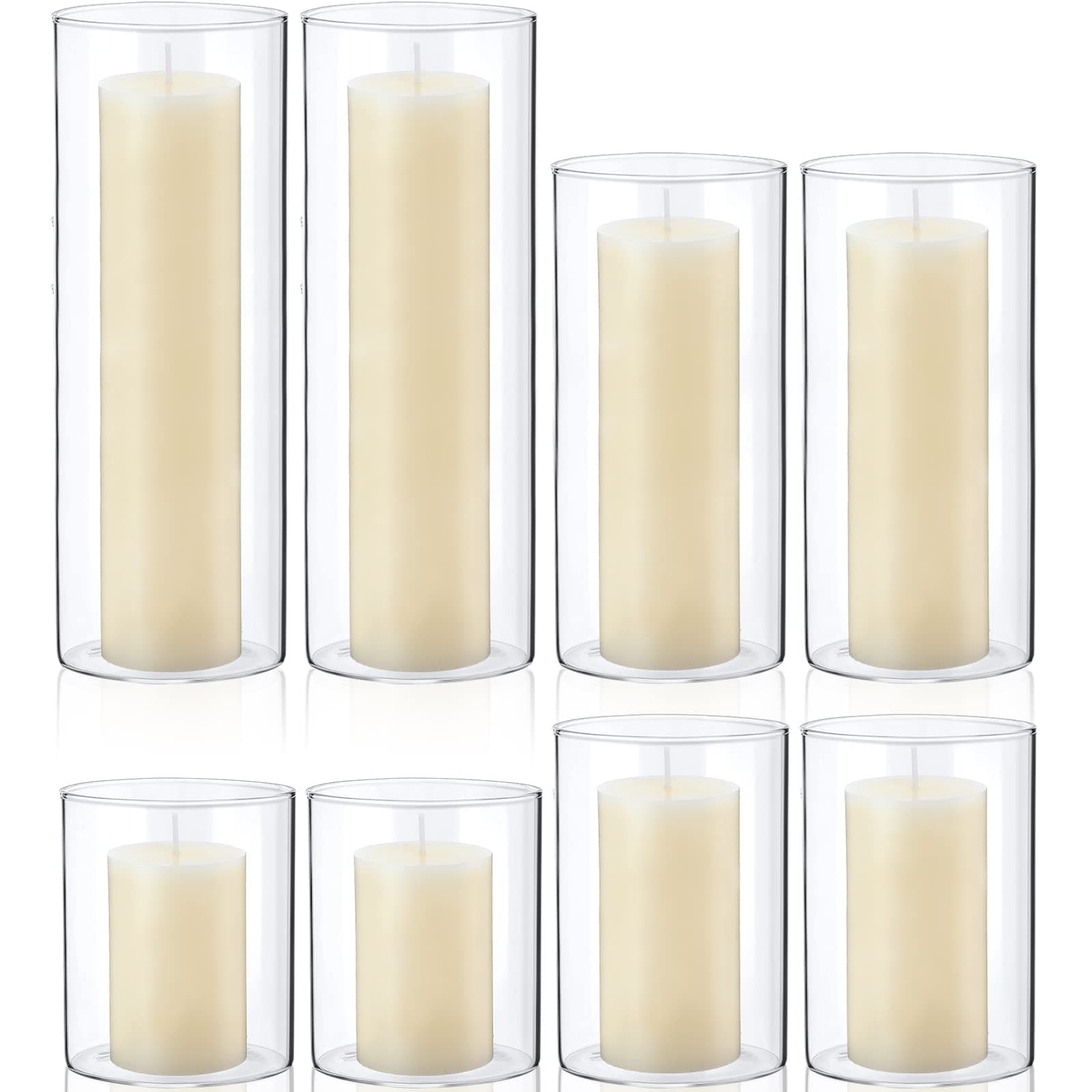 Treela Set of 8 Slim Pillar Candles and Glass Cylinder Vases for Centerpieces, Wedding, Home, Table, Party