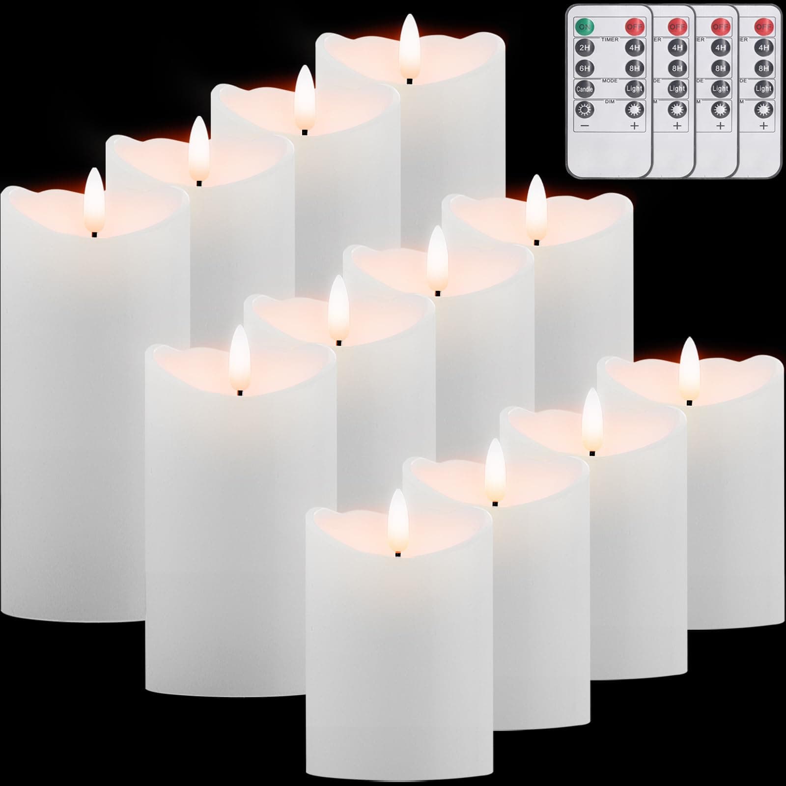 12-Pack Realistic Battery-operated Flickering White Pillar Candles with Timers