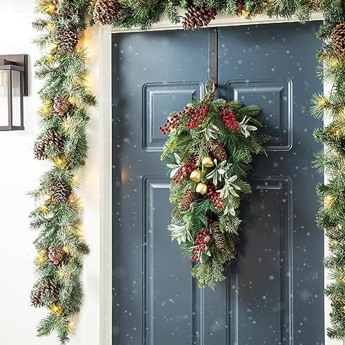 Glitzhome Teardrop Floral Winter Swag Wreaths, Artificial Hanging Decor
