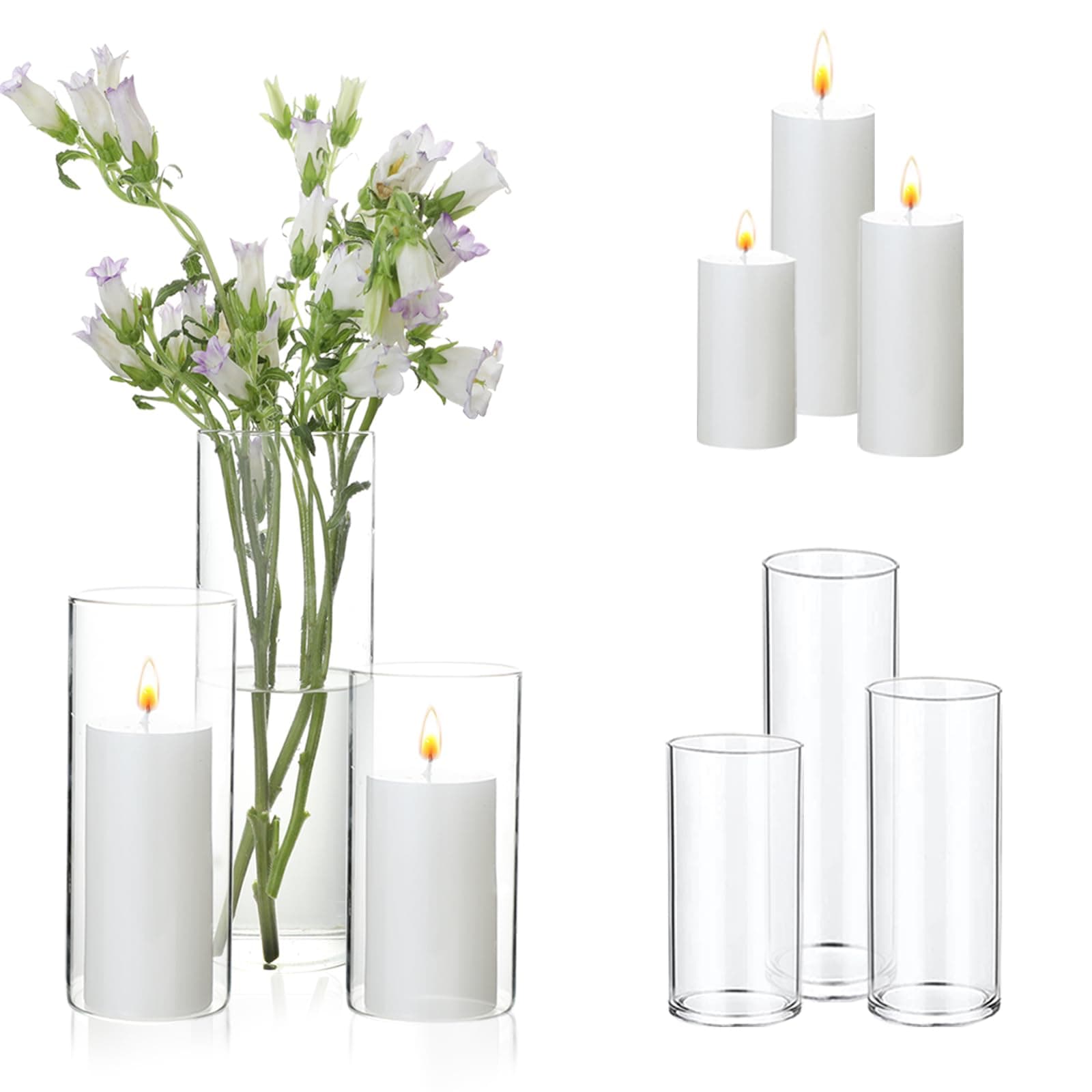 White Pillar Candles and Holders for Wedding Centerpieces(2.6" X 4.7", 5.9", 7.9")