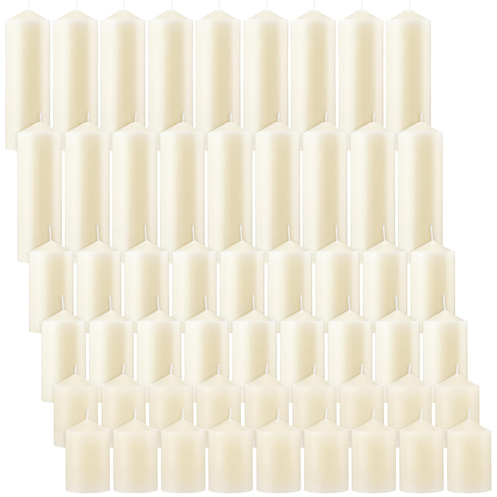 Bulk Set of 54 Ivory Pillar Candles for Home Events.