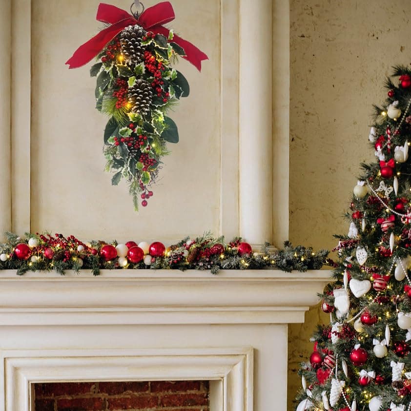 24” Pre-Lit Artificial Greenery Teardrop Swag for Xmas Decor