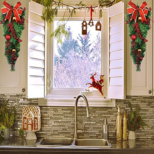 Artificial Christmas Teardrop Swag with Pine Cones and Bow for Indoor/Outdoor Home Hanging