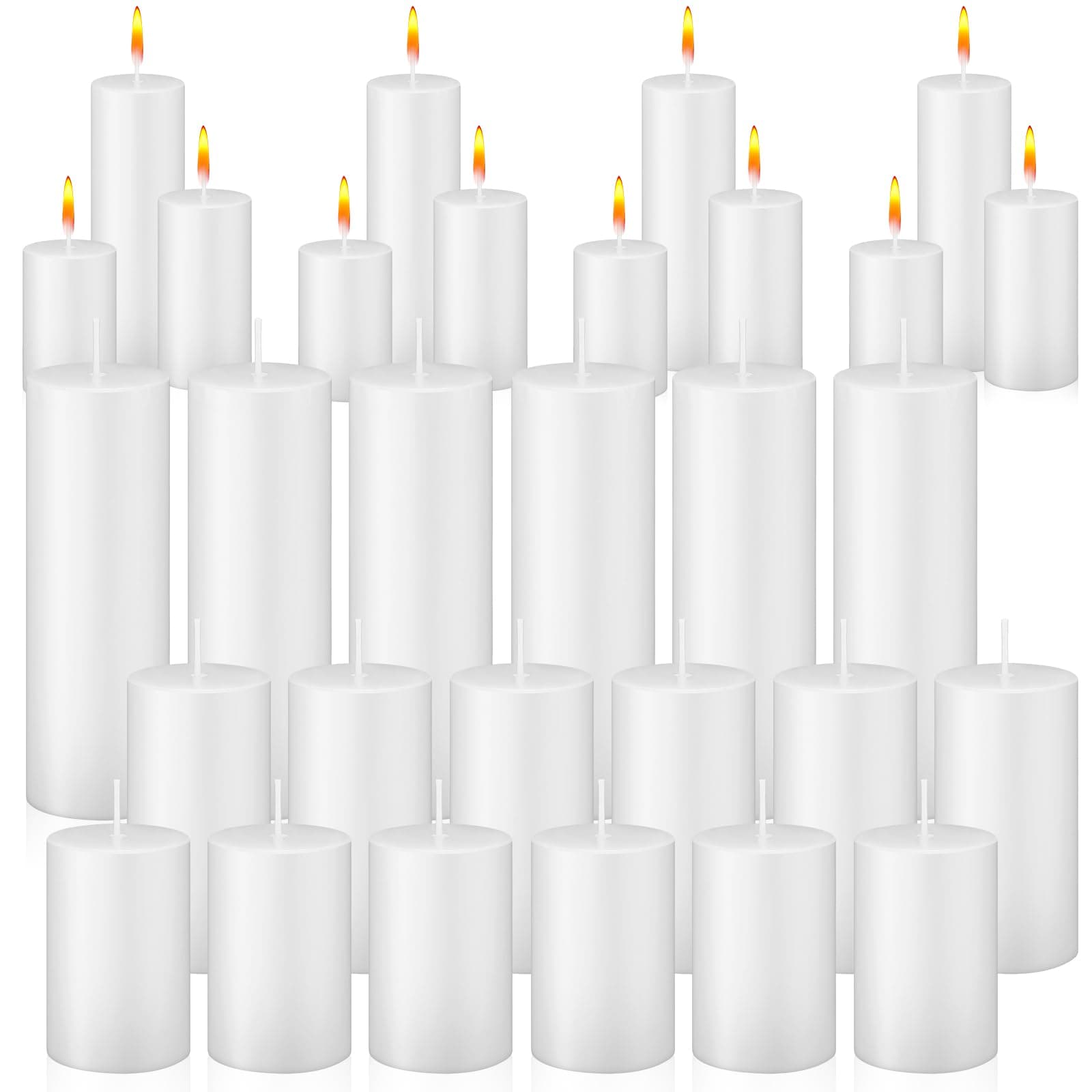 MTLEE 36 Pcs Unscented Pillar Candle Set - 38 Hour Burn Time, Dripless and Clean Burning for Weddings, Spas, and Emergencies (White, 3 Sizes)