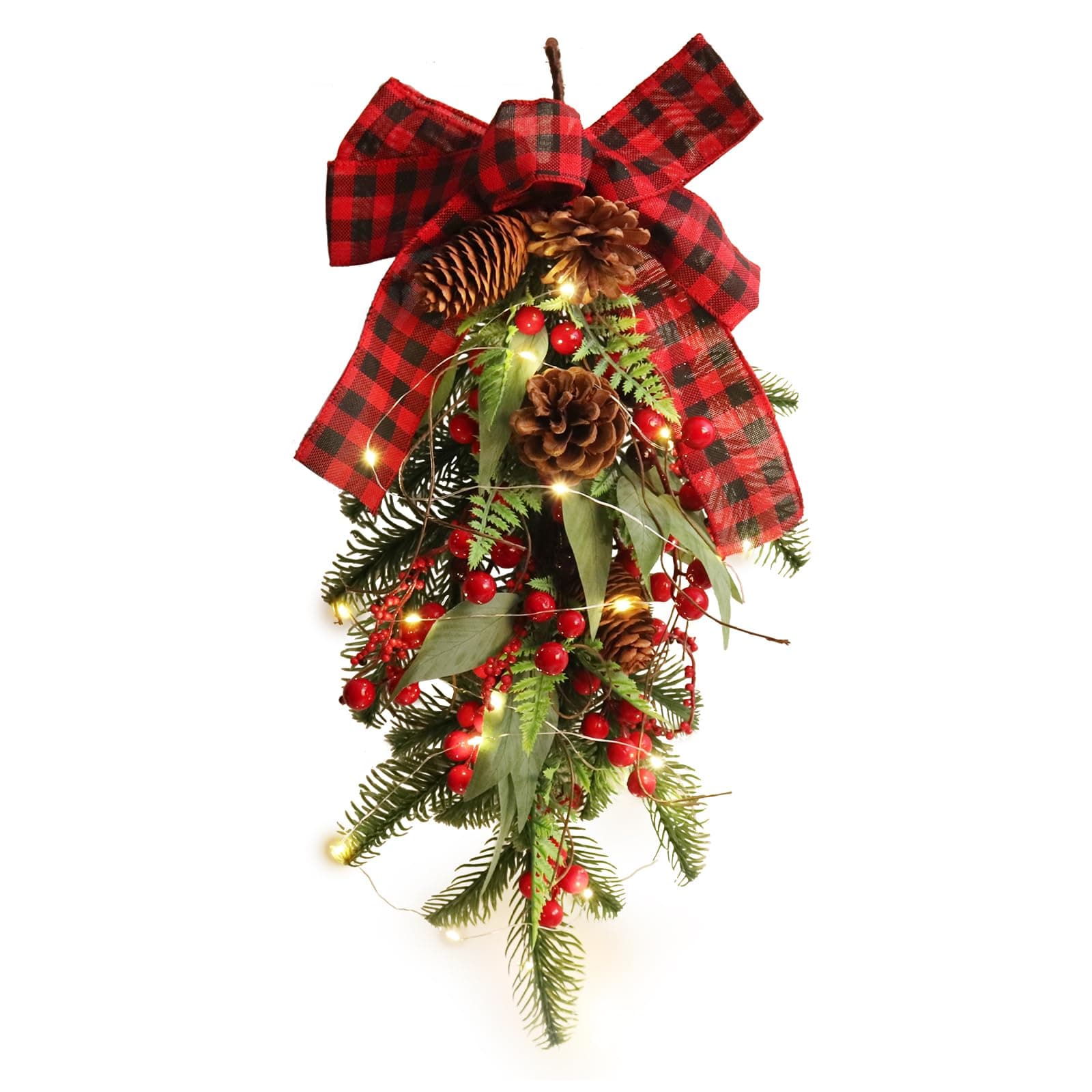 RECUTMS Christmas Teardrop Swag with Pine Leaves and Red Berries