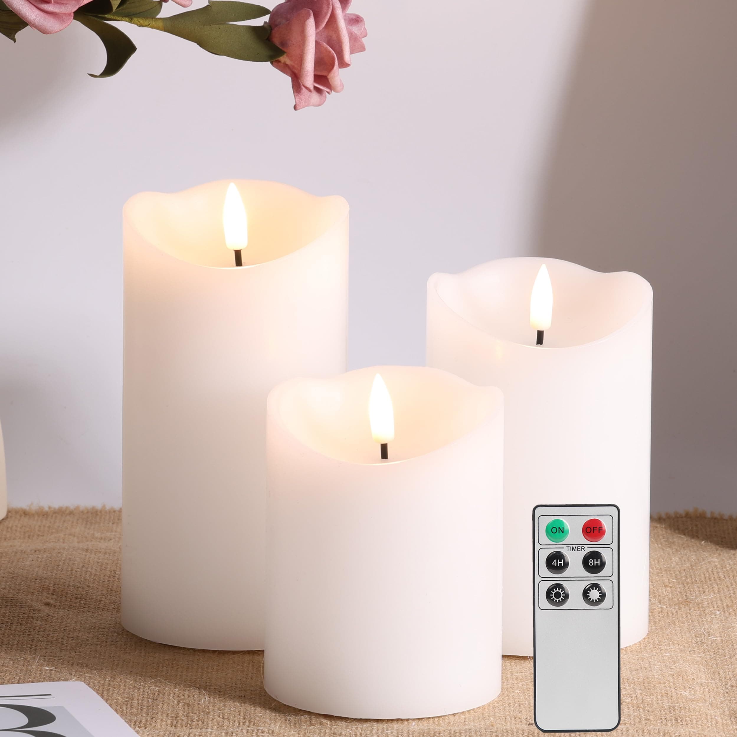 Realistic Battery-Powered White Flameless Candles with Remote, Φ 3" H 4" 5" 6"