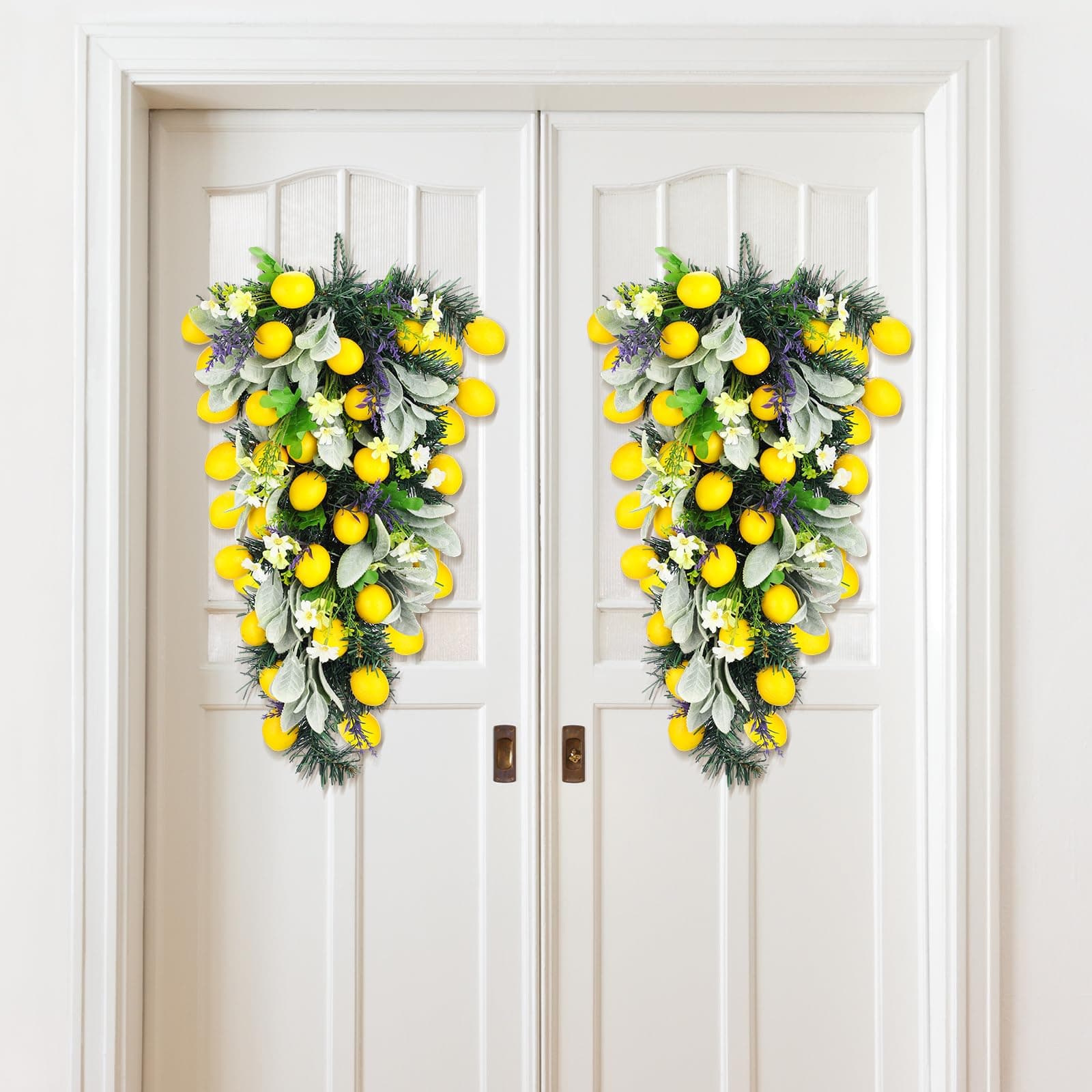 Zeyune 24 Inch Artificial Lemon Teardrop Wreath with Flowers for Front Door Decor