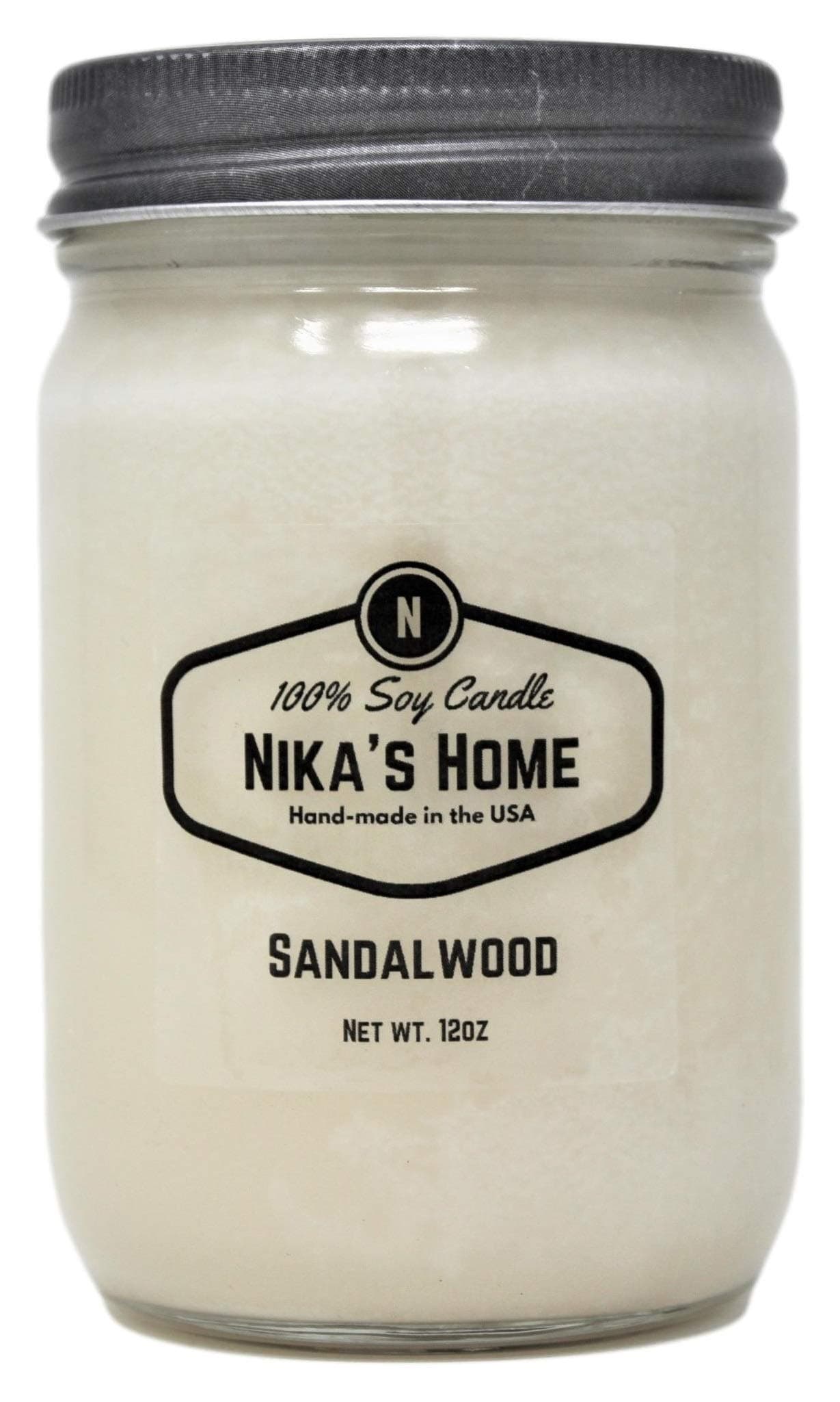 Nika's Handmade Sandalwood Soy Candle, 12oz Mason Jar, Long Burning 50+ Hours